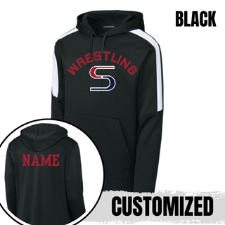 Black colorblock hooded pullover with red arched Wrestling above a red and navy S logo, with a name printed on the back