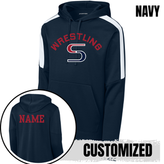 Navy colorblock hooded pullover with red arched Wrestling above a red and navy S logo, with a name printed on the back