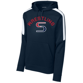 Navy colorblock hooded pullover with red arched Wrestling above a red and navy S logo