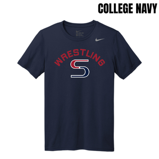 College Navy men's rLegend tee with red arched Wrestling above a red and navy S logo