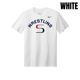 White men's rLegend tee with navy arched Wrestling above a red and navy S logo