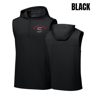 Black men's sleeveless hooded quarter-zip with red arched Wrestling above a red and navy S logo, shown from the front and back