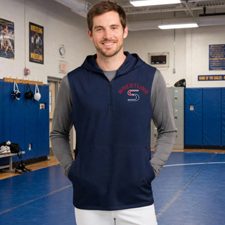 Model wearing a navy sleeveless hooded quarter-zip with red arched Wrestling above a red and navy S logo on the left chest