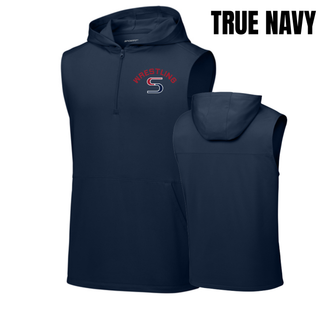 True Navy men's sleeveless hooded quarter-zip with red arched Wrestling above a red and navy S logo, shown from the front and back