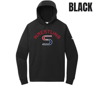 Black men's Therma-FIT pocket pullover hoodie with red arched Wrestling above a red and navy S logo
