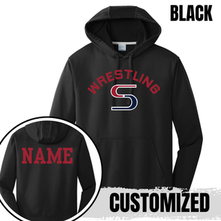 Black performance hoodie with red arched Wrestling above a red and navy S logo, with a name printed on the back
