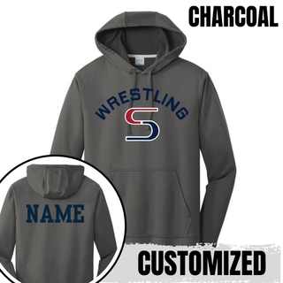 Charcoal performance hoodie with navy arched Wrestling above a red and navy S logo, with a name printed on the back
