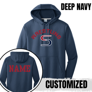 Deep Navy performance hoodie with red arched Wrestling above a red and navy S logo, with a name printed on the back