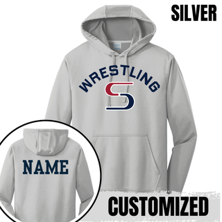 Silver performance hoodie with navy arched Wrestling above a red and navy S logo, with a name printed on the back