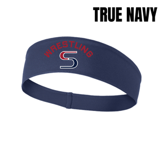 True Navy PosiCharge headband with red arched Wrestling above a red and navy S logo