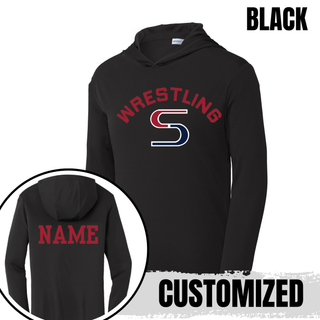 Black PosiCharge hooded pullover with red arched Wrestling above a red and navy S logo, with a name printed on the back