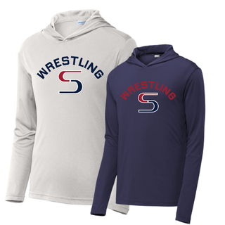 Silver and True Navy PosiCharge hooded pullovers side by side, each with arched Wrestling above an S logo