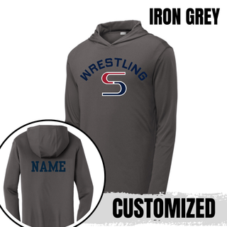 Iron Grey PosiCharge hooded pullover with navy arched Wrestling above a red and navy S logo, with a name printed on the back