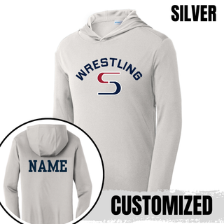 Silver PosiCharge hooded pullover with navy arched Wrestling above a red and navy S logo, with a name printed on the back