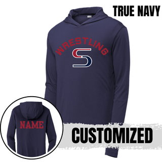 True Navy PosiCharge hooded pullover with red arched Wrestling above a red and navy S logo, with a name printed on the back