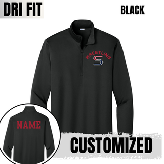 Black PosiCharge quarter-zip with red arched Wrestling above a red and navy S logo, with a name printed on the back