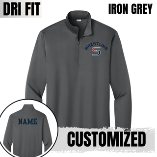 Iron Grey PosiCharge quarter-zip with navy arched Wrestling above a red and navy S logo, with a name printed on the back