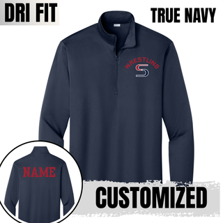 True Navy PosiCharge quarter-zip with red arched Wrestling above a red and navy S logo, with a name printed on the back