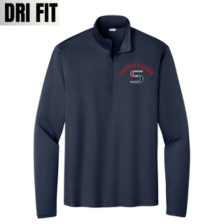 True Navy PosiCharge quarter-zip with red arched Wrestling above a red and navy S logo