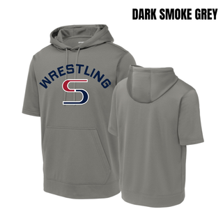 Dark Smoke Grey short sleeve hooded pullover with navy arched Wrestling above a red and navy S logo