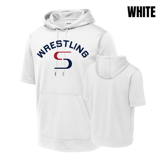 White short sleeve hooded pullover with navy arched Wrestling above a red and navy S logo