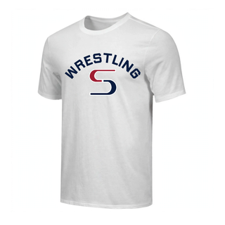 White tee flat lay with navy arched Wrestling above a red and navy S logo across the chest