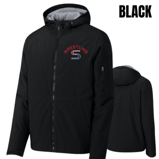 Black waterproof insulated jacket with red arched Wrestling above a red and navy S logo