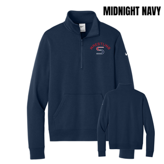 Midnight Navy women's club fleece half-zip with red arched Wrestling above a red and navy S logo, shown from the front and back
