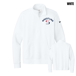 White women's club fleece half-zip with navy arched Wrestling above a red and navy S logo, shown from the front and back