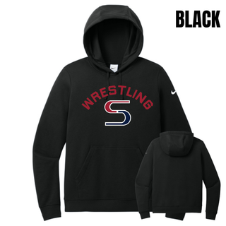 Black women's club fleece pullover hoodie with red arched Wrestling above a red and navy S logo, shown from the front and back