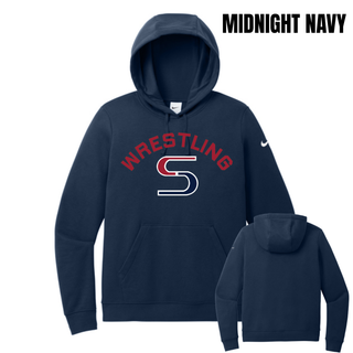 Midnight Navy women's club fleece pullover hoodie with red arched Wrestling above a red and navy S logo, shown from the front and back