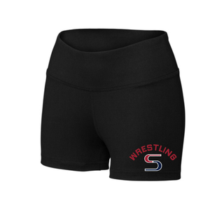Black women's interval performance shorts with red arched Wrestling above a red and navy S logo near the hem of the left leg