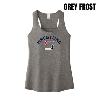 Grey Frost women's racerback tank with navy arched Wrestling above a red and navy S logo
