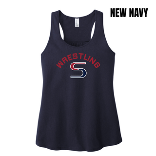 New Navy women's racerback tank with red arched Wrestling above a red and navy S logo