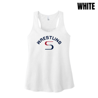 White women's racerback tank with navy arched Wrestling above a red and navy S logo