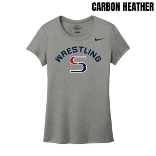 Carbon Heather women's rLegend tee with navy arched Wrestling above a red and navy S logo