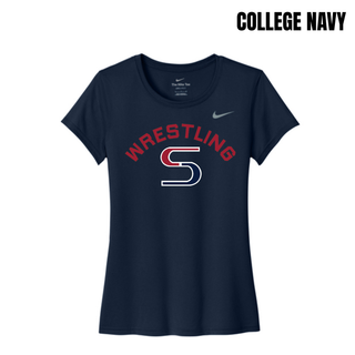 College Navy women's rLegend tee with red arched Wrestling above a red and navy S logo