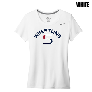 White women's rLegend tee with navy arched Wrestling above a red and navy S logo