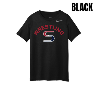 Black youth rLegend tee with red arched Wrestling above a red and navy S logo