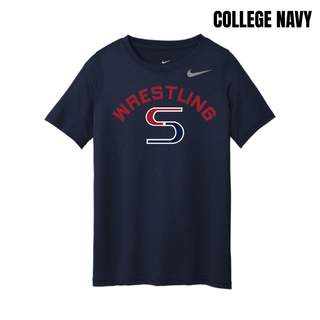 College Navy youth rLegend tee with red arched Wrestling above a red and navy S logo