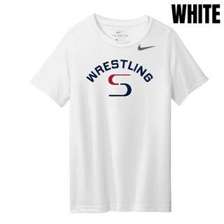White youth rLegend tee with navy arched Wrestling above a red and navy S logo