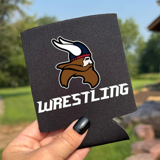 Black Seaman Vikings Wrestling can koozie featuring a Viking head above WRESTLING lettering.