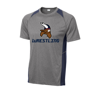 Seaman Vikings Wrestling Basic Mat design with a Viking head above WRESTLING lettering on a Colorblock Contender Tee.