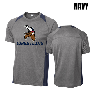 Seaman Vikings Wrestling Basic Mat design with a Viking head above WRESTLING lettering on a Colorblock Contender Tee.