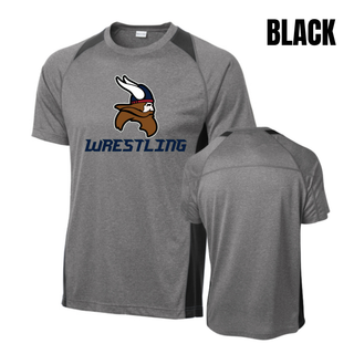 Seaman Vikings Wrestling Basic Mat design with a Viking head above WRESTLING lettering on a Colorblock Contender Tee.