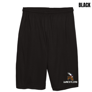Seaman Vikings Wrestling Basic Mat Cooling Performance Shorts mockup featuring a Viking head above WRESTLING lettering with cardinal red and navy helmet details.