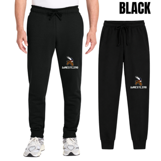 Seaman Vikings Wrestling Basic Mat Core Fleece Joggers mockup featuring the Viking head above WRESTLING lettering with cardinal red and navy helmet details.