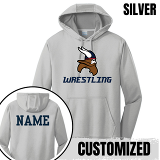 Seaman Vikings Wrestling Basic Mat Performance Hoodie mockup featuring the Viking head above WRESTLING lettering with cardinal red and navy helmet details.