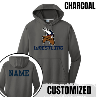 Seaman Vikings Wrestling Basic Mat Performance Hoodie mockup featuring the Viking head above WRESTLING lettering with cardinal red and navy helmet details.