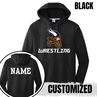 Seaman Vikings Wrestling Basic Mat Performance Hoodie mockup featuring the Viking head above WRESTLING lettering with cardinal red and navy helmet details.